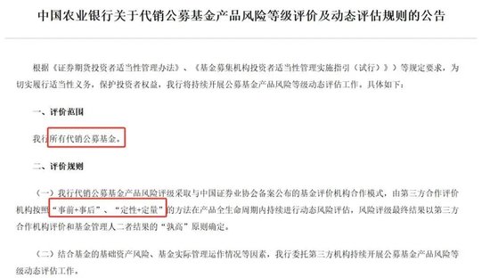 鑫赢智投 农行启动代销公募基金风险等级动态评估